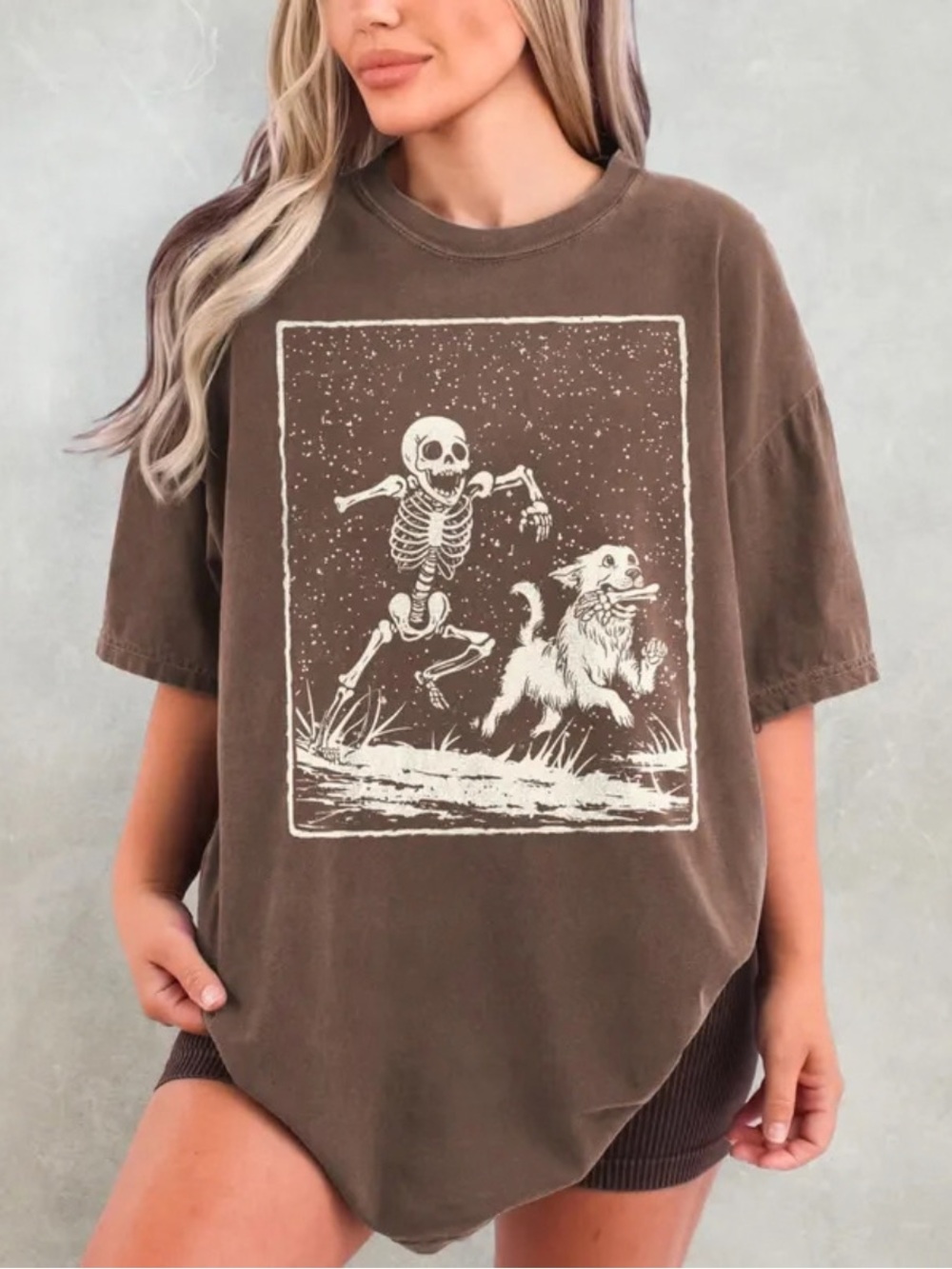 Gildan Brown Dog Skeleton Graphic Tee, Vintage Classic Style